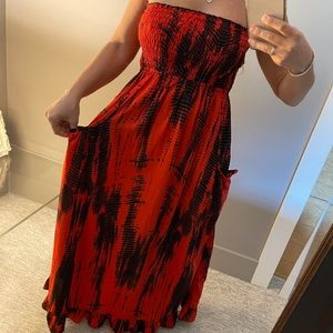Black and red strapless tie dye maxi